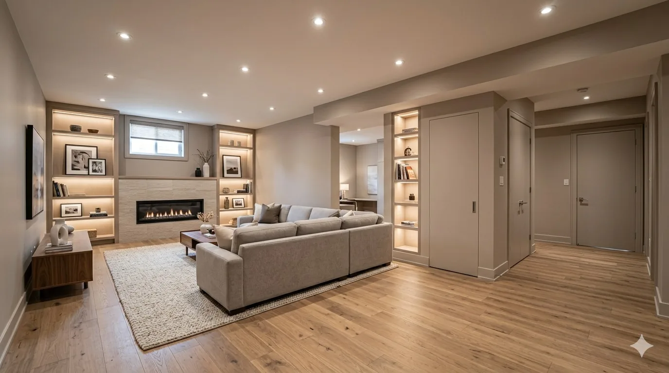 Modern basement living space with linear fireplace and built-ins, Alta Vista Ottawa